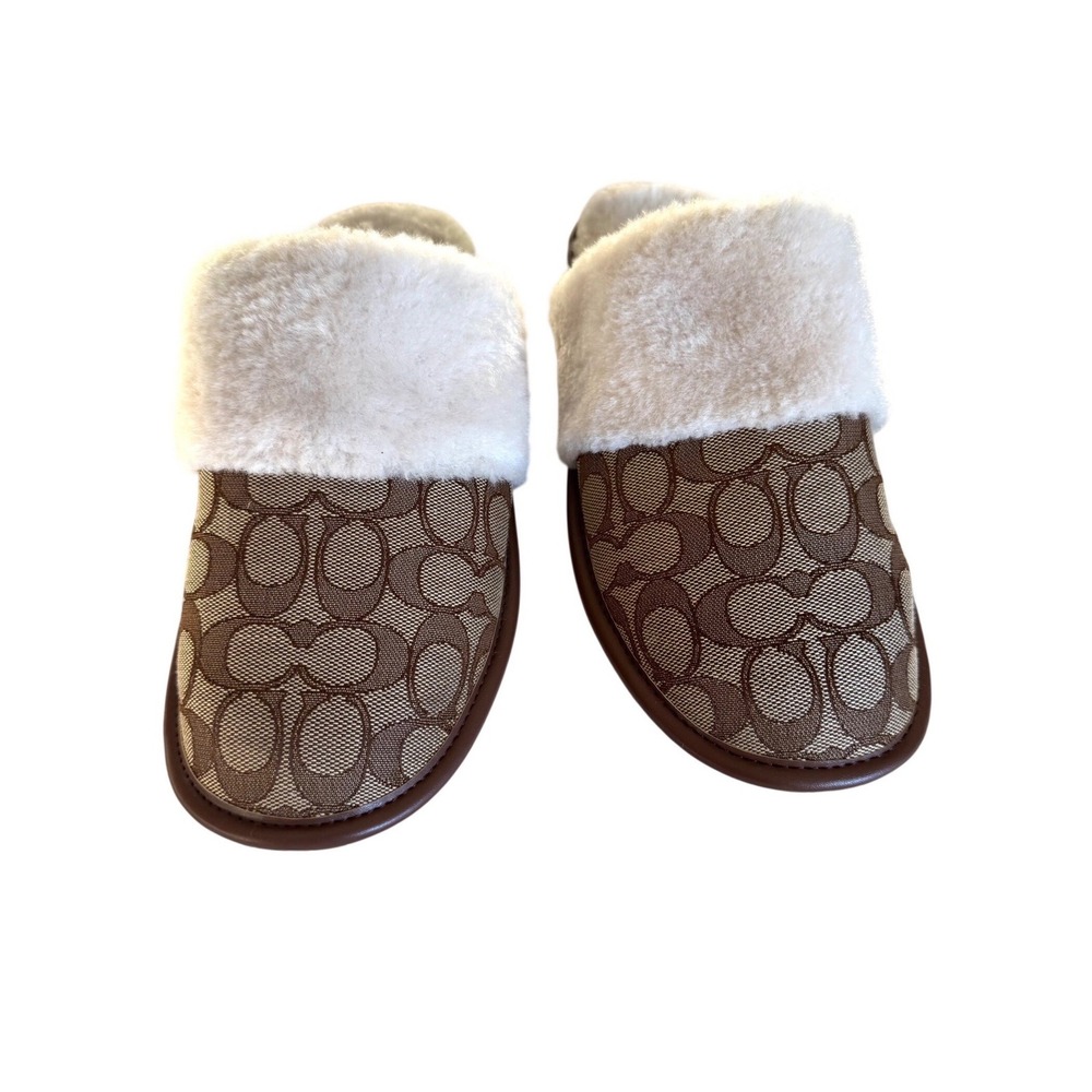 Coach Zena Signature Jacquard Faux Shearling Slippers 9B Cozy Luxury